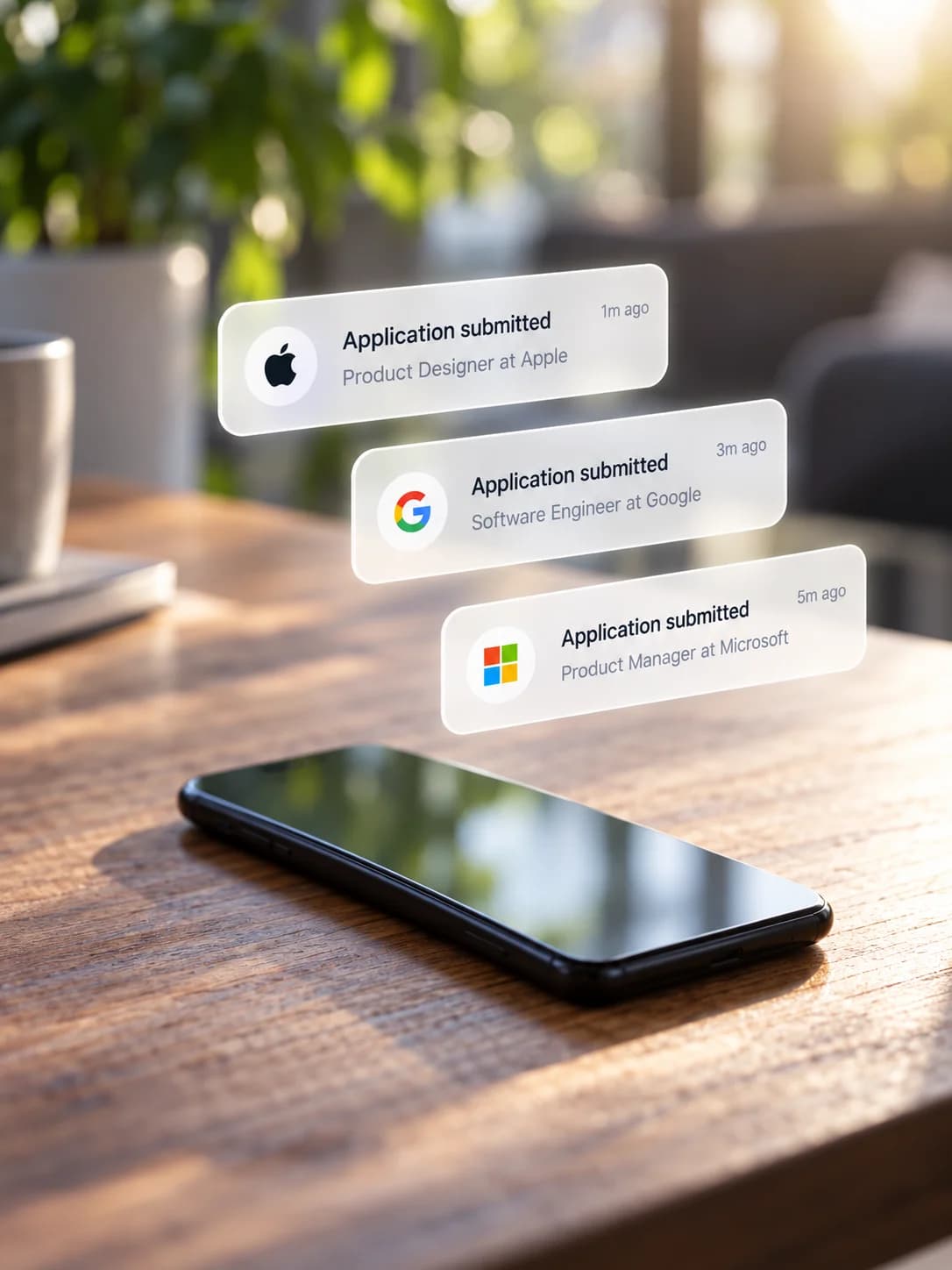 Application submitted notifications appearing above a phone